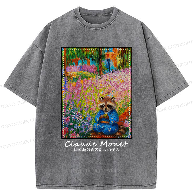 Tokyo-Tiger Impressionist Raccoon Garden Tea Washed T-Shirt