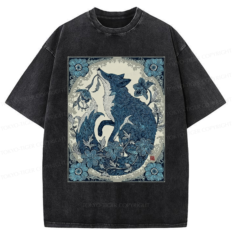 Tokyo-Tiger Floral Fox Aesthetic Washed T-Shirt