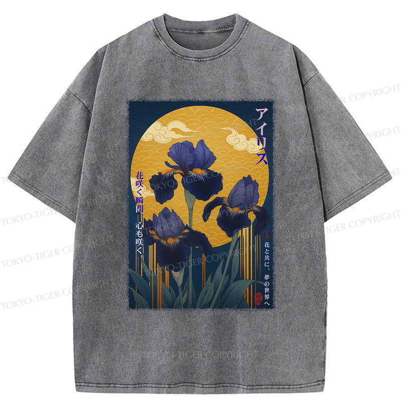 Tokyo-Tiger Japan Ukiyoe Luan Tail Flower Poster Washed T-Shirt