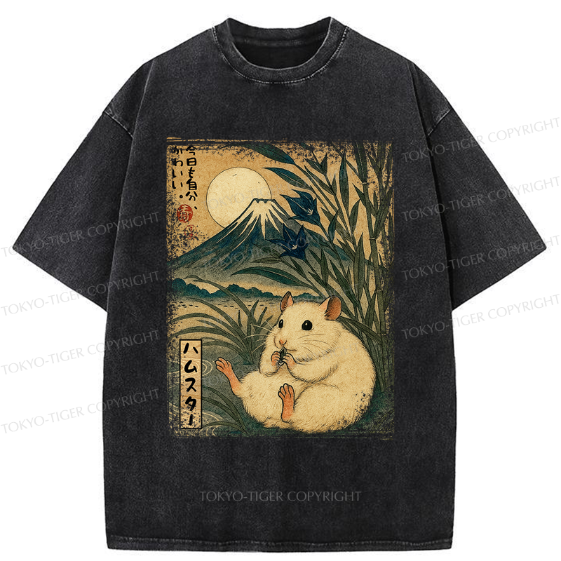 Tokyo-Tiger Funny Hamster Mount Fuji Flower meme Washed T-Shirt