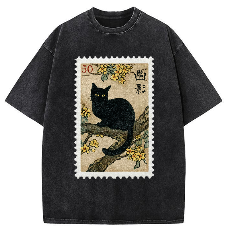 Tokyo-Tiger Golden Blossom Black Cat Post Washed T-Shirt