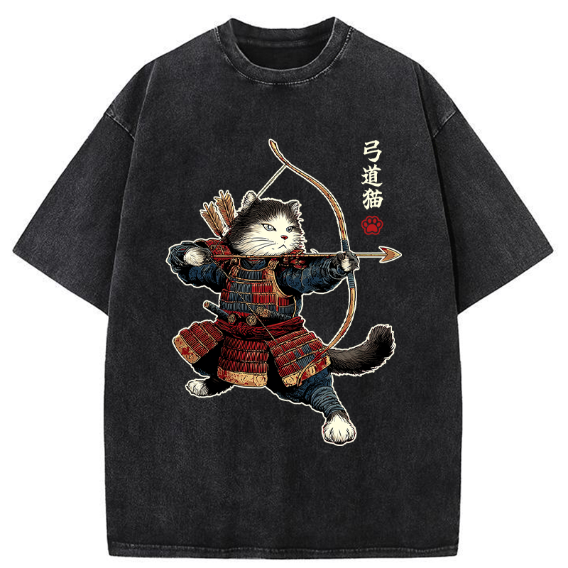 Tokyo-Tiger Kyudo Samurai Cat Washed T-Shirt
