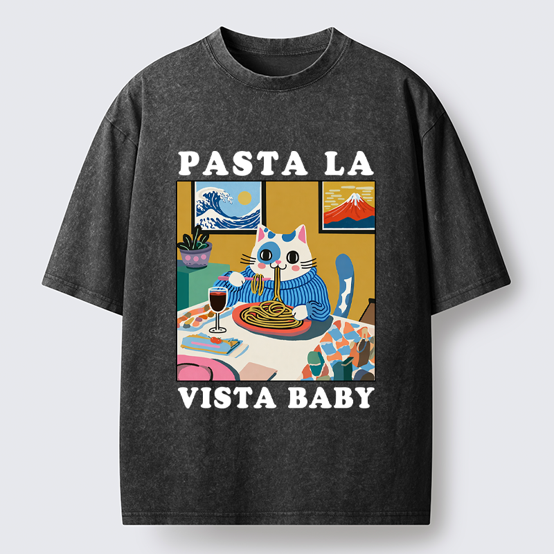 Tokyo-Tiger Wine, Pasta, and Meow Washed T-Shirt