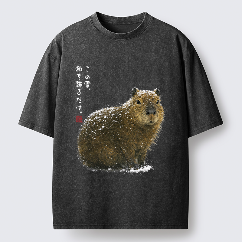 Tokyo-Tiger Snow Adorns Me: Capybara Serenity Washed T-Shirt
