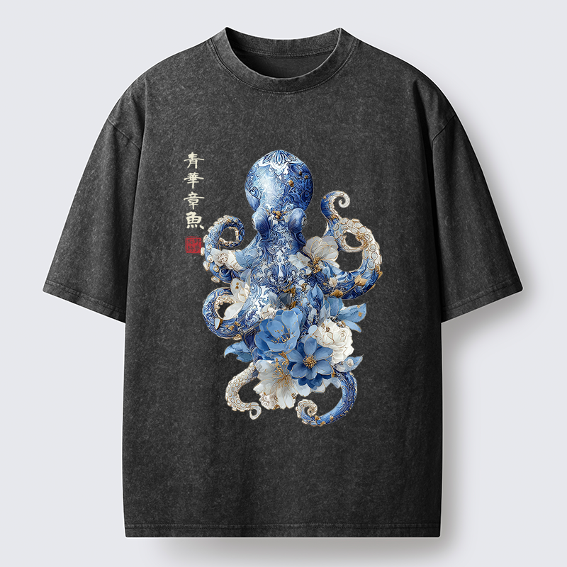 Tokyo-Tiger Porcelain Blossom Octopus Washed T-Shirt