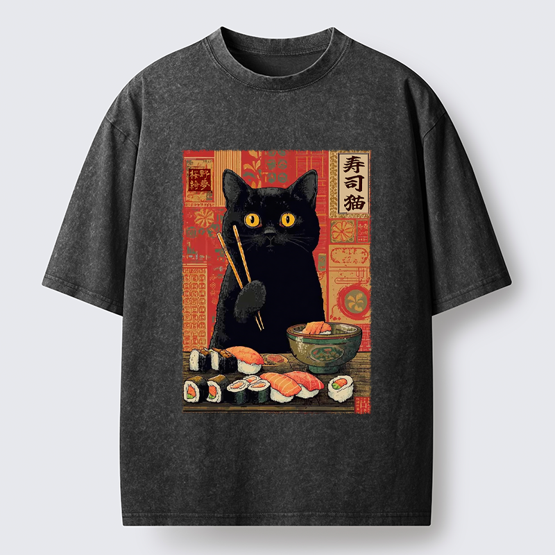 Tokyo-Tiger Neko Eats Sushi Washed T-Shirt