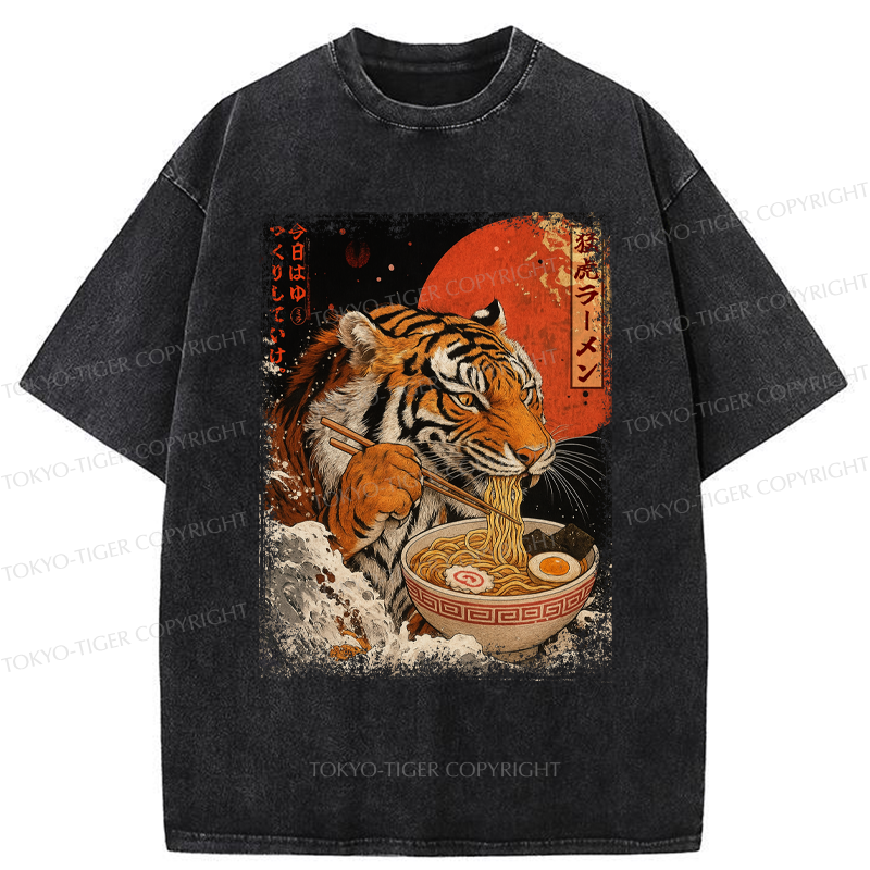 Tokyo-Tiger Ukiyoe Japan Tiger Eating Ramen Washed T-Shirt