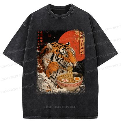 Tokyo-Tiger Ukiyoe Japan Tiger Eating Ramen Washed T-Shirt