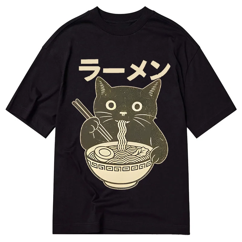 Tokyo-Tiger Simple Black Cat Eating Ramen Classic T-Shirt