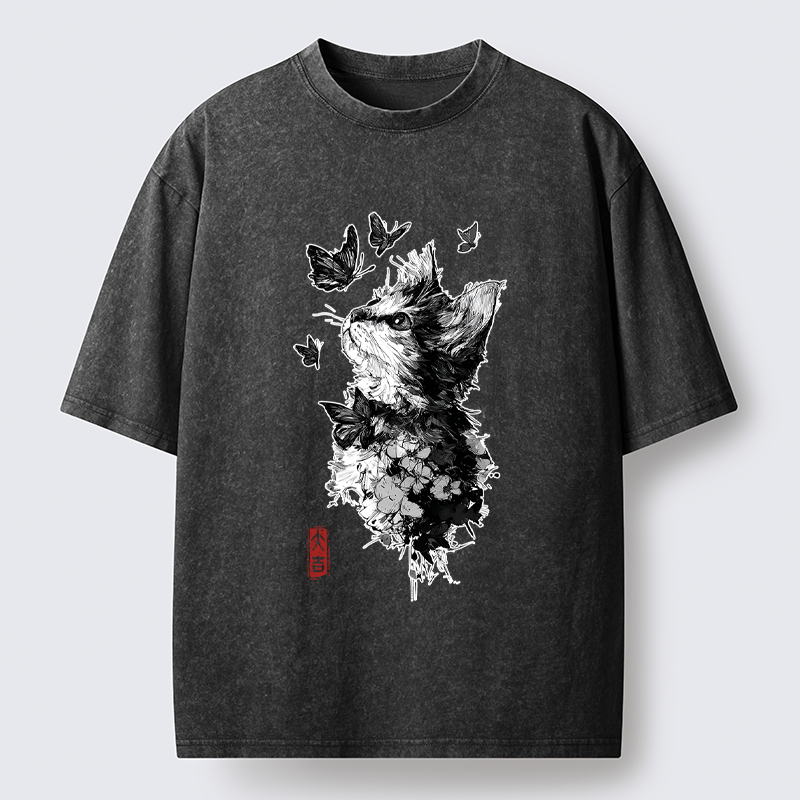 Tokyo-Tiger Butterfly and Cat Gaze Washed T-Shirt