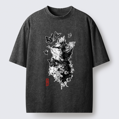 Tokyo-Tiger Butterfly and Cat Gaze Washed T-Shirt