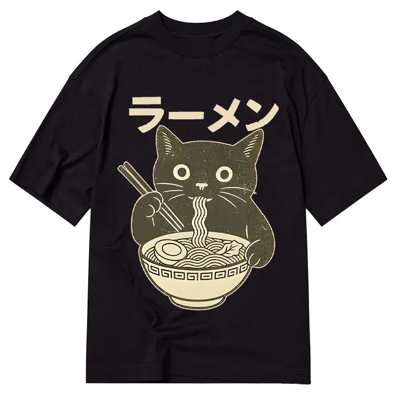 Tokyo-Tiger Simple Black Cat Eating Ramen Classic T-Shirt
