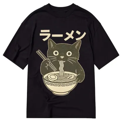 Tokyo-Tiger Simple Black Cat Eating Ramen Classic T-Shirt