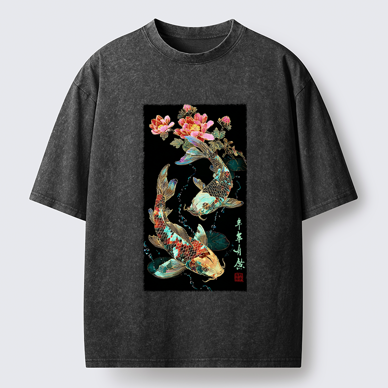 Tokyo-Tiger Everlasting Abundance:Koi & Peony Washed T-Shirt