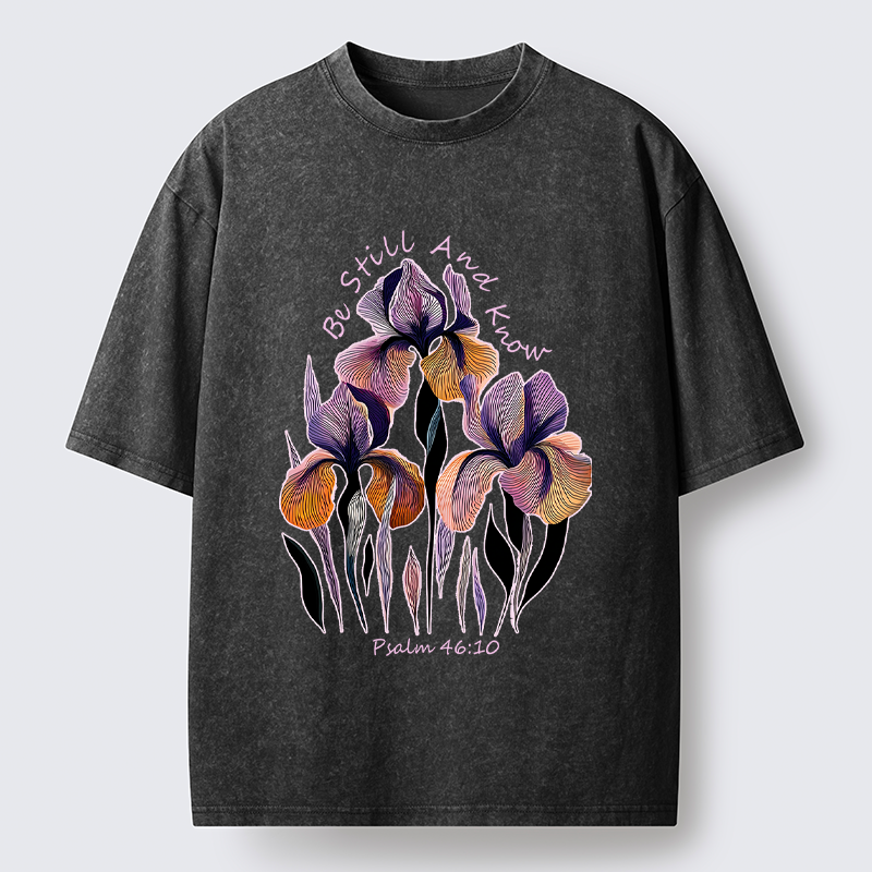 Tokyo-Tiger "Be Still and Know"Psalm 46:10 Iris Floral Washed T-Shirt