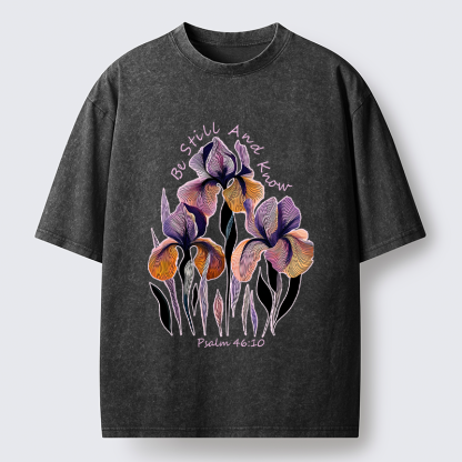 Tokyo-Tiger "Be Still and Know"Psalm 46:10 Iris Floral Washed T-Shirt