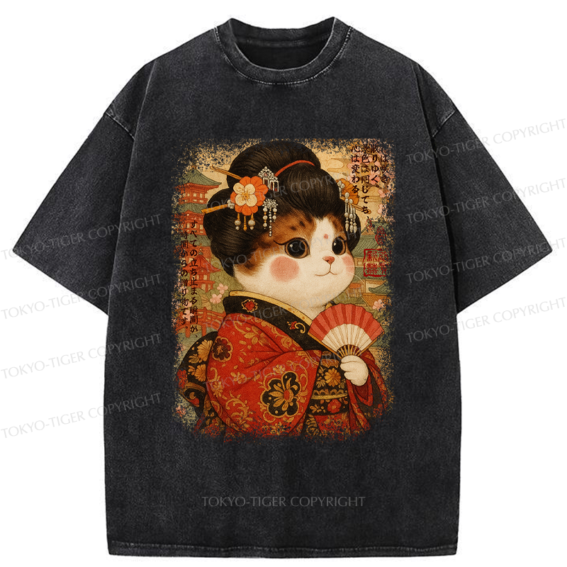 Tokyo-Tiger Ukiyoe Japanese Cat Princess Washed T-Shirt