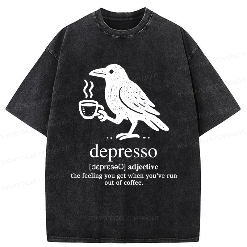 Tokyo-Tiger Funny  Crow Coffee Depresso Woodblock Washed T-Shirt