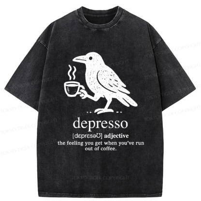 Tokyo-Tiger Funny  Crow Coffee Depresso Woodblock Washed T-Shirt