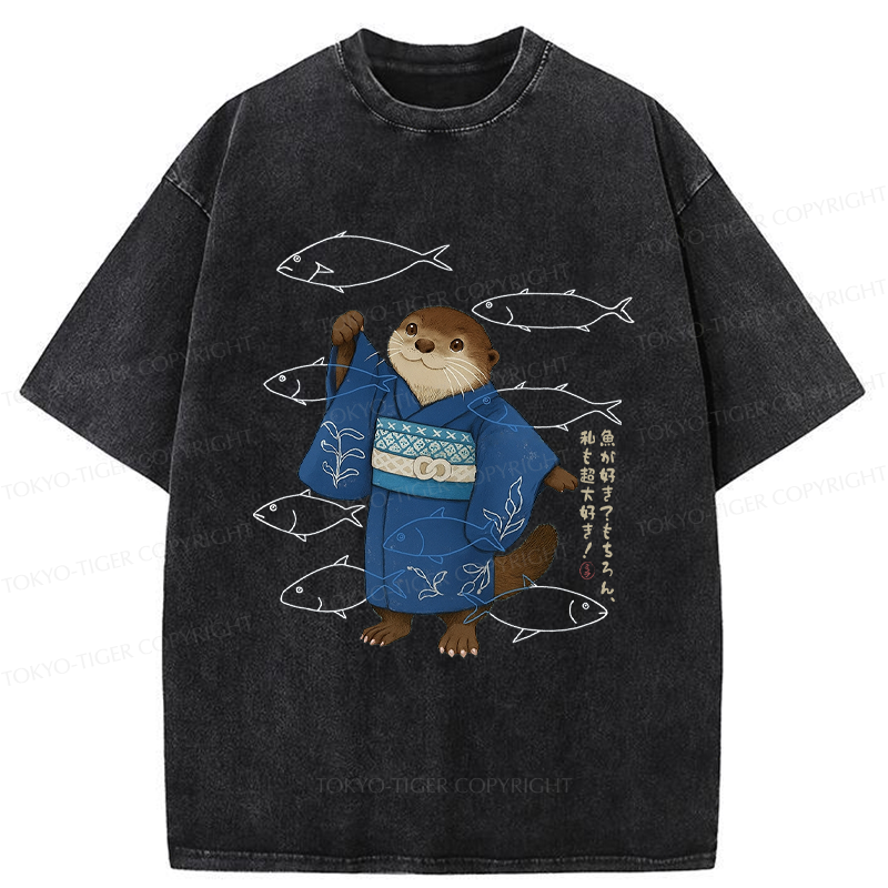 Tokyo-Tiger Funny Ukiyoe Otter and Fish Washed T-Shirt