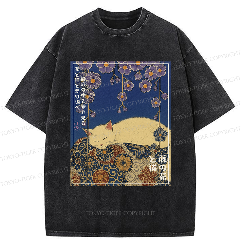 Tokyo-Tiger Ukiyoe Wisteria Flowers and Cats Washed T-Shirt