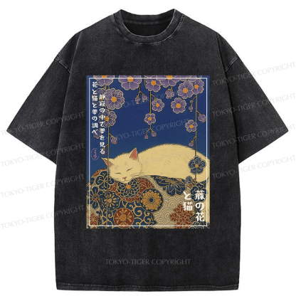 Tokyo-Tiger Ukiyoe Wisteria Flowers and Cats Washed T-Shirt