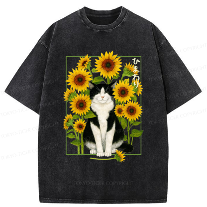 Tokyo-Tiger Funny Sunflower and Cat Poster Washed T-Shirt