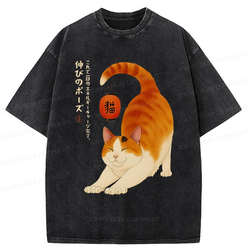 Tokyo-Tiger Funny Cat Yoga Energy Charging Washed T-Shirt