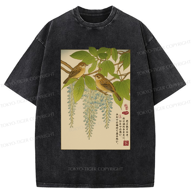 Tokyo-Tiger Ukiyoe Bird on the wisteria treetop Washed T-Shirt