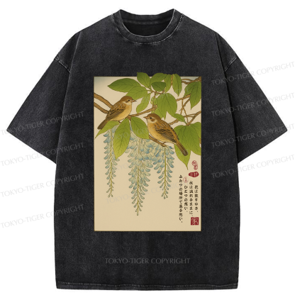 Tokyo-Tiger Ukiyoe Bird on the wisteria treetop Washed T-Shirt