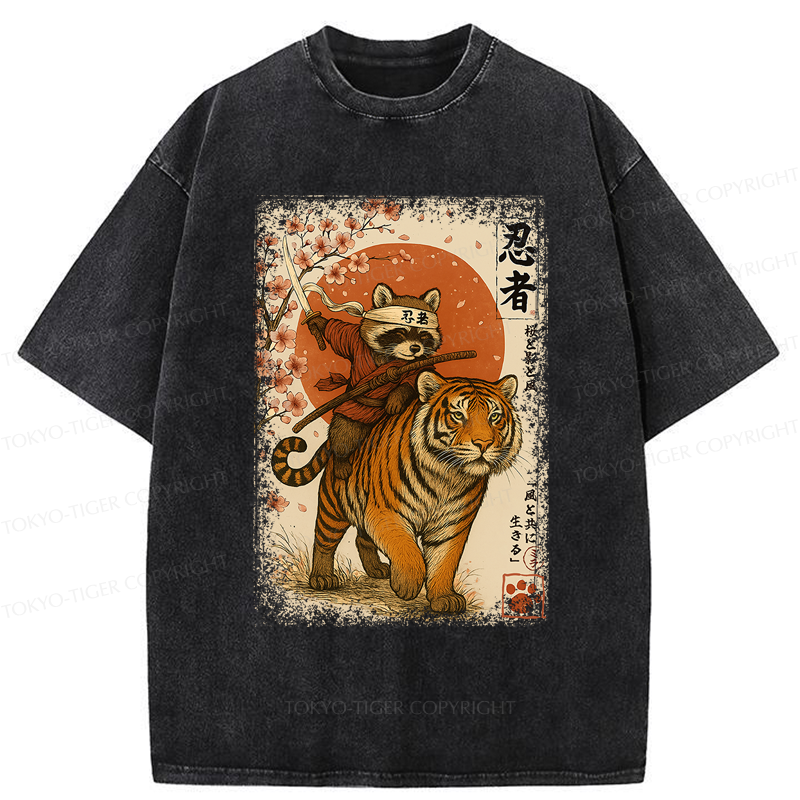 Tokyo-Tiger Ukiyoe Raccoon Samurai Riding a Tiger Washed T-Shirt