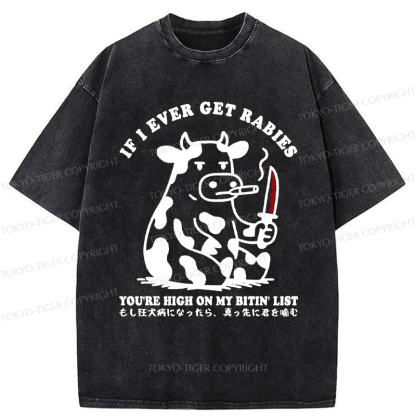 Tokyo-Tiger Funny On The Cow's Bite List Washed T-Shirt