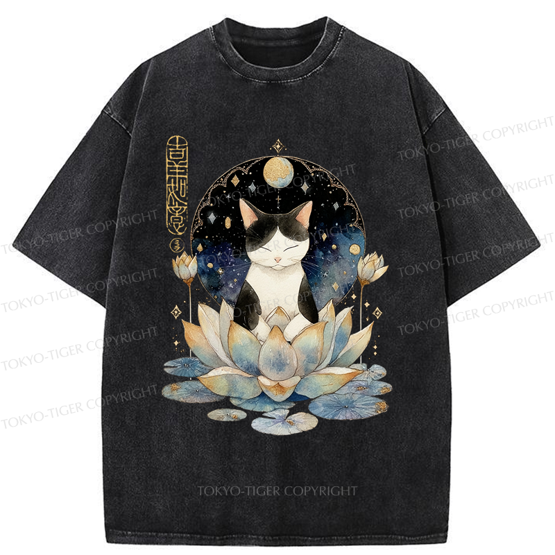 Tokyo-Tiger Funny Cat Lotus Zen Auspiciousness Washed T-Shirt