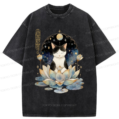 Tokyo-Tiger Funny Cat Lotus Zen Auspiciousness Washed T-Shirt