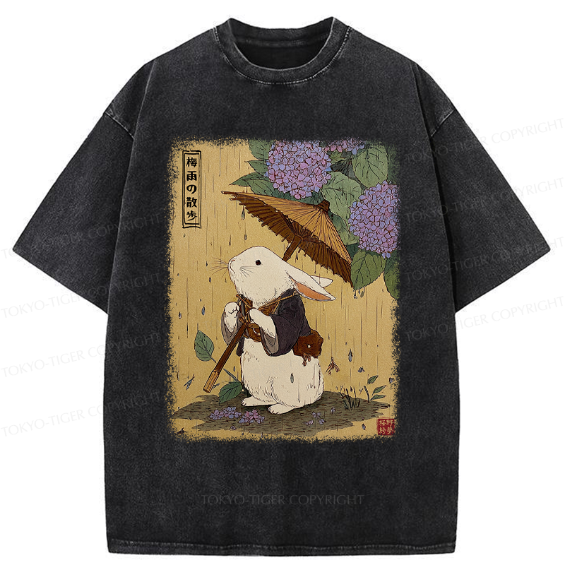 Tokyo-Tiger Ukiyoe Rainy Stroll Bunny Washed T-Shirt