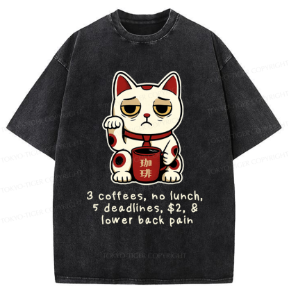 Tokyo-Tiger Funny Workaholic Lucky Cat Washed T-Shirt
