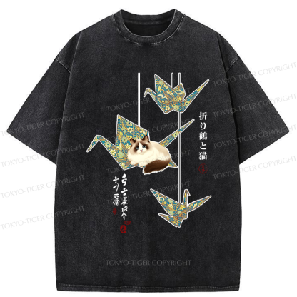 Tokyo-Tiger Ukiyoe Japan Origami and cats Funny Washed T-Shirt