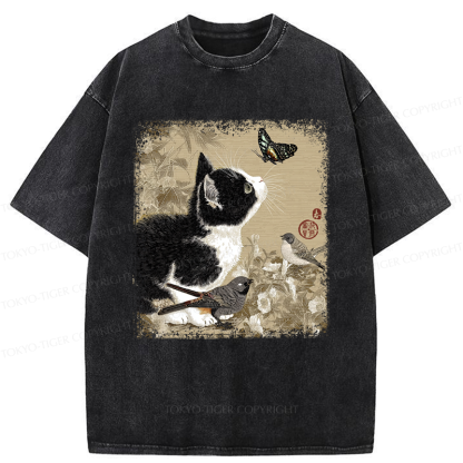 Tokyo-Tiger Cat and Butterfly: A Playful Encounter Washed T-Shirt