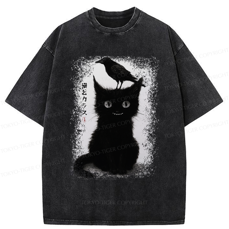 Tokyo-Tiger Funny Cat And Crow Washed T-Shirt