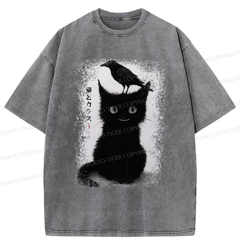 Tokyo-Tiger Funny Cat And Crow Washed T-Shirt