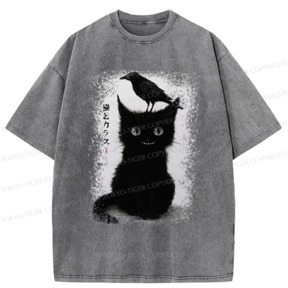 Tokyo-Tiger Funny Cat And Crow Washed T-Shirt