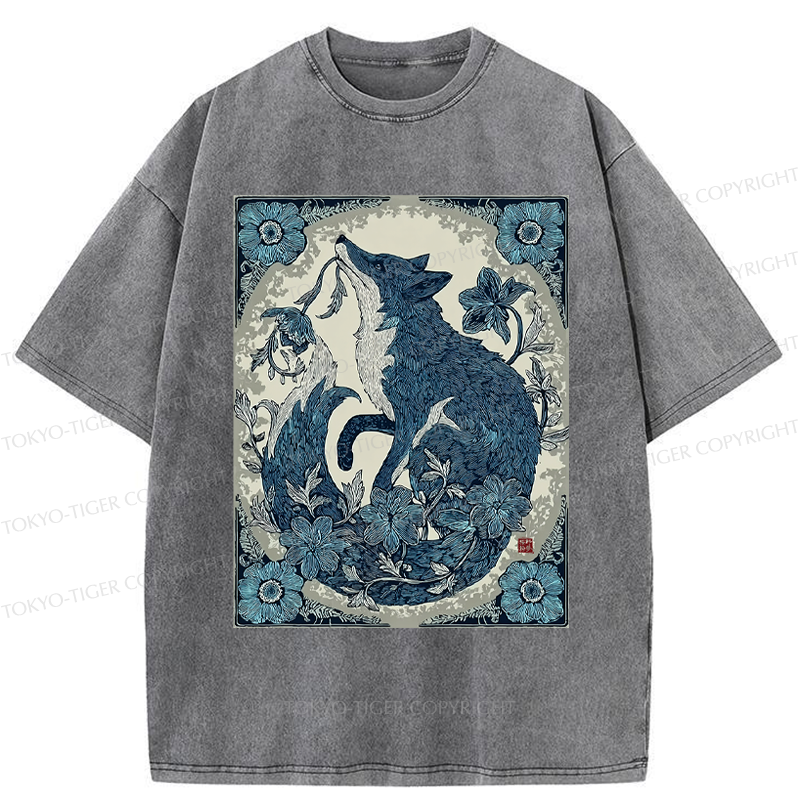 Tokyo-Tiger Floral Fox Aesthetic Washed T-Shirt