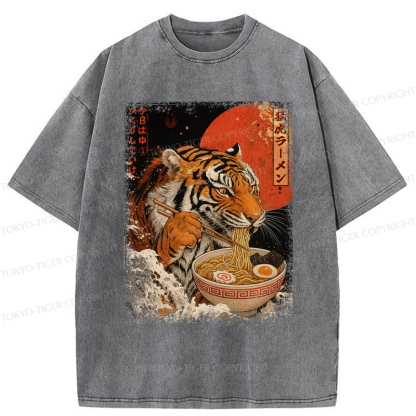 Tokyo-Tiger Ukiyoe Japan Tiger Eating Ramen Washed T-Shirt