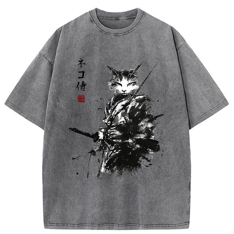 Tokyo-Tiger Inkblade Samurai Cat Washed T-Shirt