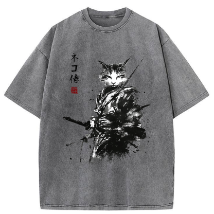 Tokyo-Tiger Inkblade Samurai Cat Washed T-Shirt