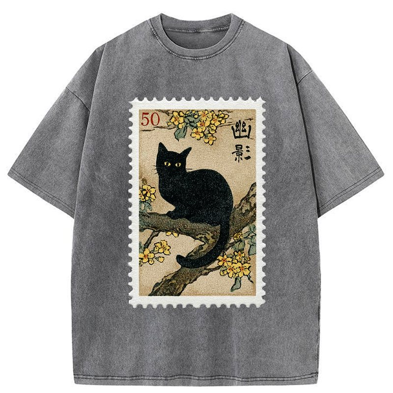 Tokyo-Tiger Golden Blossom Black Cat Post Washed T-Shirt