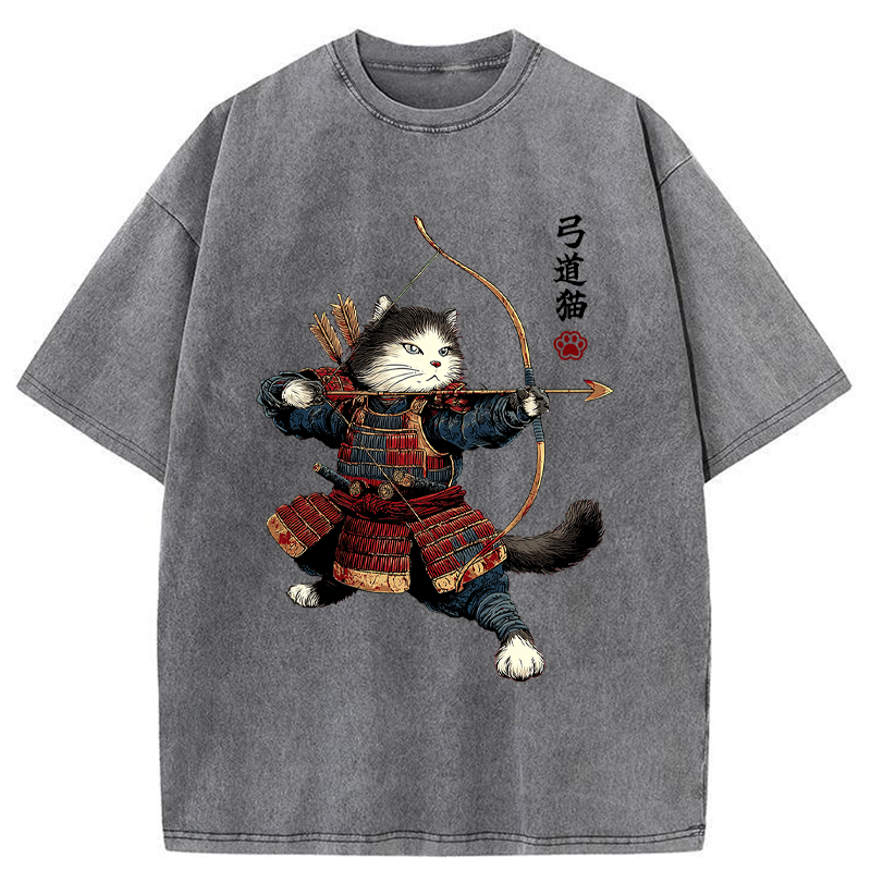 Tokyo-Tiger Kyudo Samurai Cat Washed T-Shirt