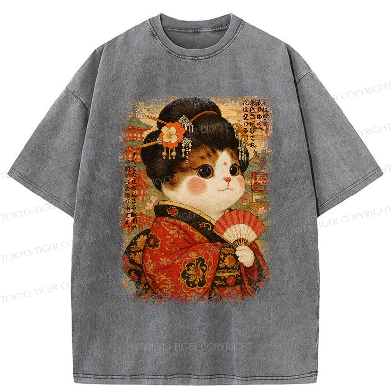 Tokyo-Tiger Ukiyoe Japanese Cat Princess Washed T-Shirt