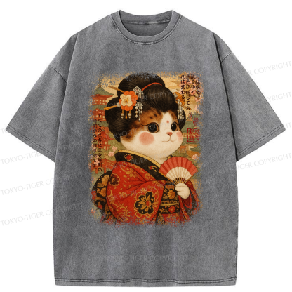 Tokyo-Tiger Ukiyoe Japanese Cat Princess Washed T-Shirt