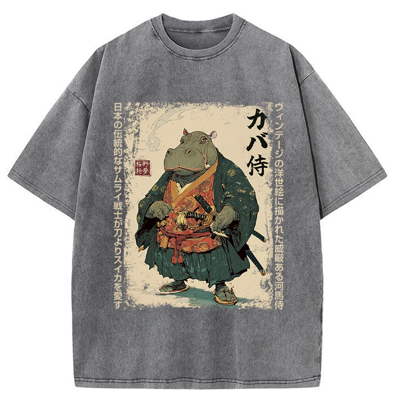 Tokyo-Tiger Samurai Hippo: Slicer of Melons Washed T-Shirt